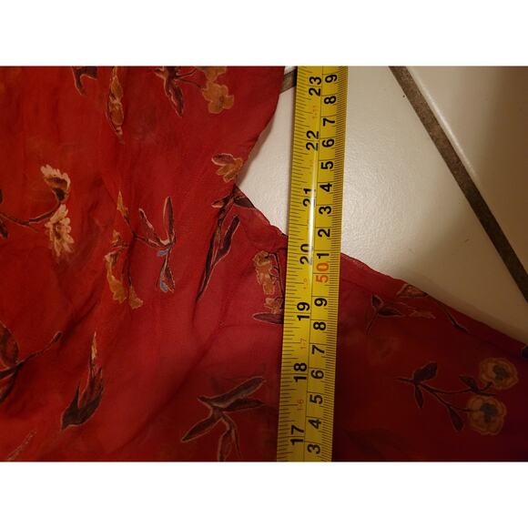 Vtg Tess Flare Sleeve Ruffle V Neck Tie-Front Floral Silk Sheer Top Red Size 14 - Picture 9 of 11